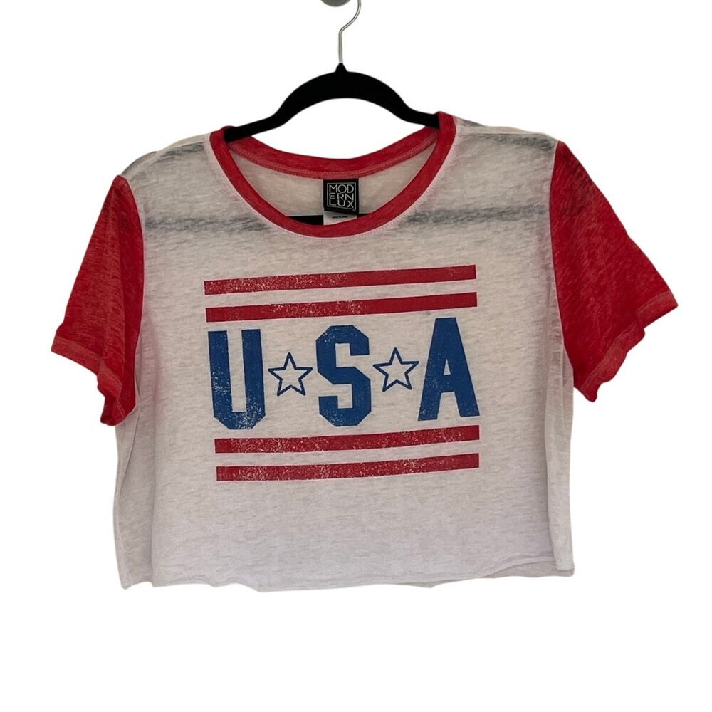 Modern Lux L USA Graphic Sheer Cropped T-Shirt Red White Blue Patriotic Preppy
